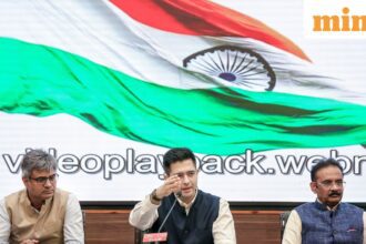 New Delhi: Rajya Sabha MP Raghav Chadha, centre, adddresses a press conference at the Constitution Club, in New Delhi, Friday, April 24, 2026. Rajya Sabha MPs Sandeep Pathak, left, and Ashok Mittal are also seen. (PTI Photo)(PTI04_24_2026_000230B)
