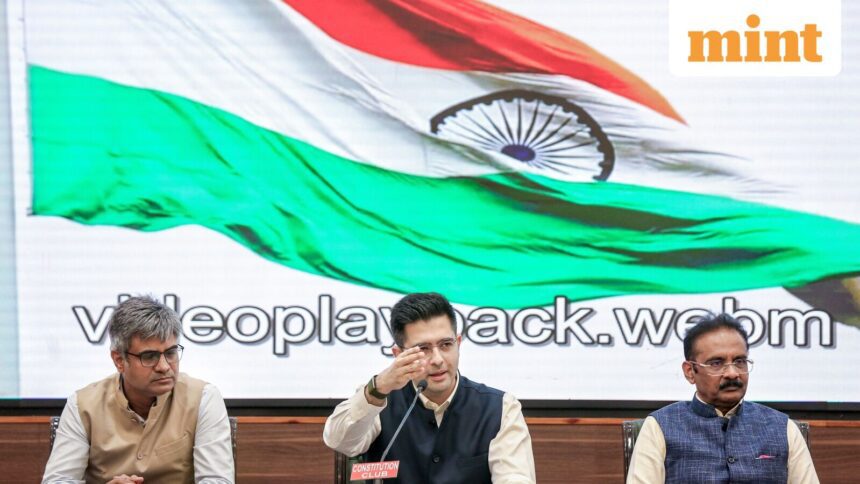 New Delhi: Rajya Sabha MP Raghav Chadha, centre, adddresses a press conference at the Constitution Club, in New Delhi, Friday, April 24, 2026. Rajya Sabha MPs Sandeep Pathak, left, and Ashok Mittal are also seen. (PTI Photo)(PTI04_24_2026_000230B)