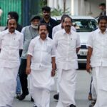 New Delhi, May 09 (ANI): Kerala legislative assembly LoP V D Satheesan with Kerala Congress President Sunny Joseph, Kerala AICC in-charge Deepa Dasmunsi, party General Secretary K C Venugopal and Congress senior leader Ramesh Chennithala leave from the party President Mallikarjun Kharge