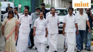 New Delhi, May 09 (ANI): Kerala legislative assembly LoP V D Satheesan with Kerala Congress President Sunny Joseph, Kerala AICC in-charge Deepa Dasmunsi, party General Secretary K C Venugopal and Congress senior leader Ramesh Chennithala leave from the party President Mallikarjun Kharge