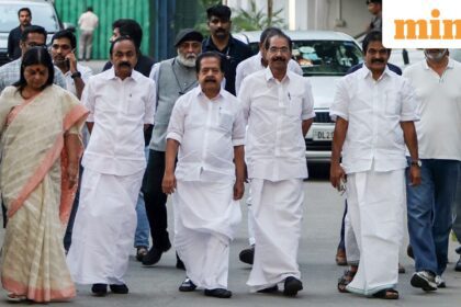 New Delhi, May 09 (ANI): Kerala legislative assembly LoP V D Satheesan with Kerala Congress President Sunny Joseph, Kerala AICC in-charge Deepa Dasmunsi, party General Secretary K C Venugopal and Congress senior leader Ramesh Chennithala leave from the party President Mallikarjun Kharge