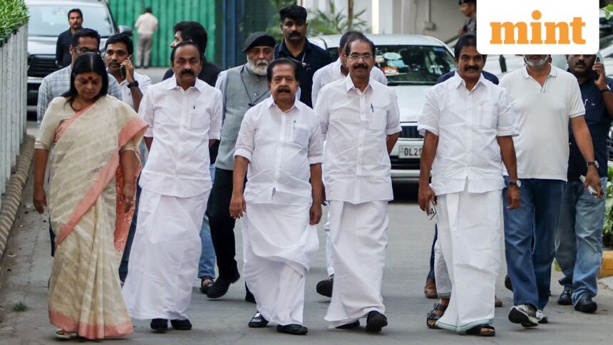 New Delhi, May 09 (ANI): Kerala legislative assembly LoP V D Satheesan with Kerala Congress President Sunny Joseph, Kerala AICC in-charge Deepa Dasmunsi, party General Secretary K C Venugopal and Congress senior leader Ramesh Chennithala leave from the party President Mallikarjun Kharge