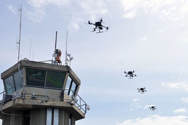a column of drones in the sky