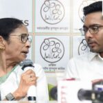 Kolkata, May 05 (ANI): West Bengal Chief Minister and TMC Supremo Mamata Banerjee speaks to media after counting incidents of arson and vandalism at offices of the TMC were reported across the state, in Kolkata on Tuesday. TMC MP Abhishek Banerjee also present. (ANI Photo)