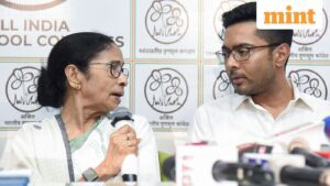 Kolkata, May 05 (ANI): West Bengal Chief Minister and TMC Supremo Mamata Banerjee speaks to media after counting incidents of arson and vandalism at offices of the TMC were reported across the state, in Kolkata on Tuesday. TMC MP Abhishek Banerjee also present. (ANI Photo)