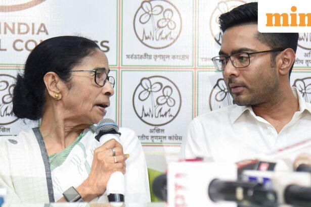 Kolkata, May 05 (ANI): West Bengal Chief Minister and TMC Supremo Mamata Banerjee speaks to media after counting incidents of arson and vandalism at offices of the TMC were reported across the state, in Kolkata on Tuesday. TMC MP Abhishek Banerjee also present. (ANI Photo)
