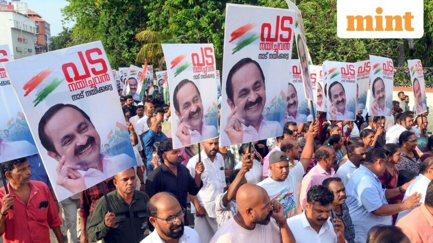Thiruvananthapuram: Supporters of Congress leader VD Satheesan take out a protest march demanding that Satheesan be elected the next Kerala Chief Minister, in Thiruvananthapuram, Friday, May 8, 2026. (PTI Photo) (PTI05_08_2026_000252B)