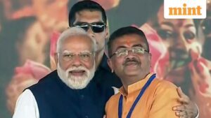 Kolkata, May 09 (ANI): West Bengal BJP Legislative Party leader Suvendu Adhikari with Prime Minister Narendra Modi after taking oath as the Chief Minister of West Bengal, in Kolkata on Saturday. (DD/ANI Video Grab)