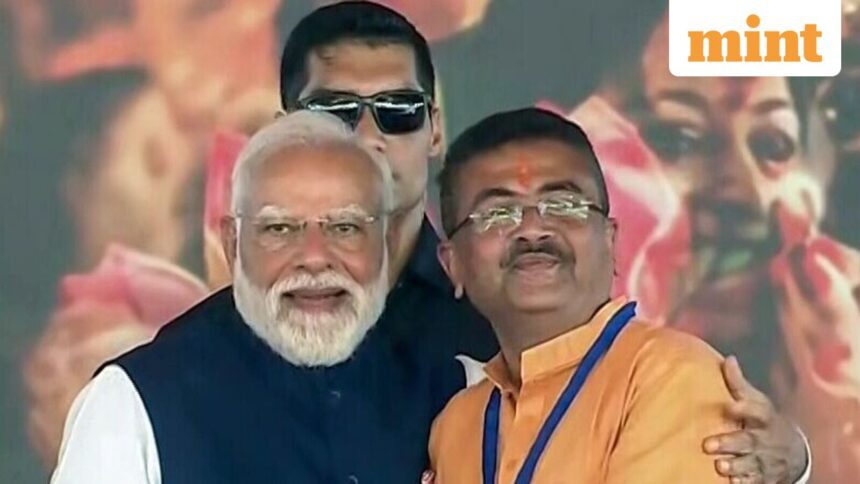 Kolkata, May 09 (ANI): West Bengal BJP Legislative Party leader Suvendu Adhikari with Prime Minister Narendra Modi after taking oath as the Chief Minister of West Bengal, in Kolkata on Saturday. (DD/ANI Video Grab)