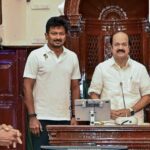 Newly-elected Tamil Nadu Assembly Speaker JCD Prabhakar, centre, with state Chief Minister C Joseph Vijay, left, former state Deputy CM and Assembly LoP Udhayanidhi Stalin, second left, and TVK leader KA Sengottaiyan, right, as the Assembly was convened for the day to elect the Speaker, in Chennai.