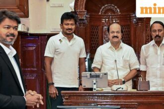 Newly-elected Tamil Nadu Assembly Speaker JCD Prabhakar, centre, with state Chief Minister C Joseph Vijay, left, former state Deputy CM and Assembly LoP Udhayanidhi Stalin, second left, and TVK leader KA Sengottaiyan, right, as the Assembly was convened for the day to elect the Speaker, in Chennai.