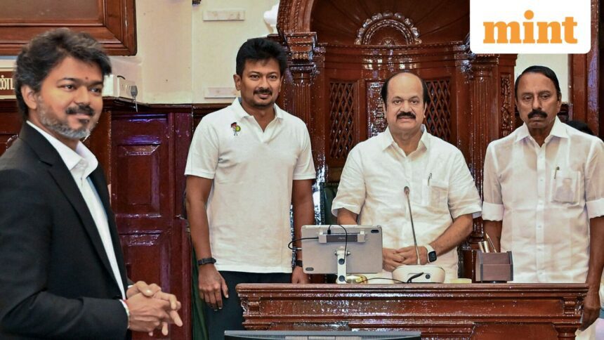 Newly-elected Tamil Nadu Assembly Speaker JCD Prabhakar, centre, with state Chief Minister C Joseph Vijay, left, former state Deputy CM and Assembly LoP Udhayanidhi Stalin, second left, and TVK leader KA Sengottaiyan, right, as the Assembly was convened for the day to elect the Speaker, in Chennai.