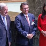 UN Secretary General Antonio Guterres, left, and 80th President of the United Nations General Assembly Annalena Baerbock, right, flank Bangladesh Foreign Minister Khalilur Rahman, newly elected President of the 81st UN General Assembly, Tuesday, June 2, 2026. (UN Photo/Eskinder Debebe via AP)