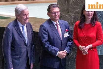 UN Secretary General Antonio Guterres, left, and 80th President of the United Nations General Assembly Annalena Baerbock, right, flank Bangladesh Foreign Minister Khalilur Rahman, newly elected President of the 81st UN General Assembly, Tuesday, June 2, 2026. (UN Photo/Eskinder Debebe via AP)