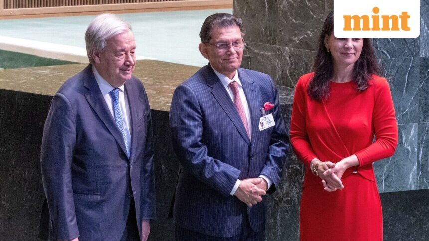 UN Secretary General Antonio Guterres, left, and 80th President of the United Nations General Assembly Annalena Baerbock, right, flank Bangladesh Foreign Minister Khalilur Rahman, newly elected President of the 81st UN General Assembly, Tuesday, June 2, 2026. (UN Photo/Eskinder Debebe via AP)